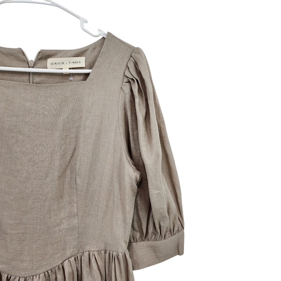 Hirsch + Timber Women's 100% Linen Puff Sleeves Tan Midi Lagenlook Dress - Picture 2 of 9